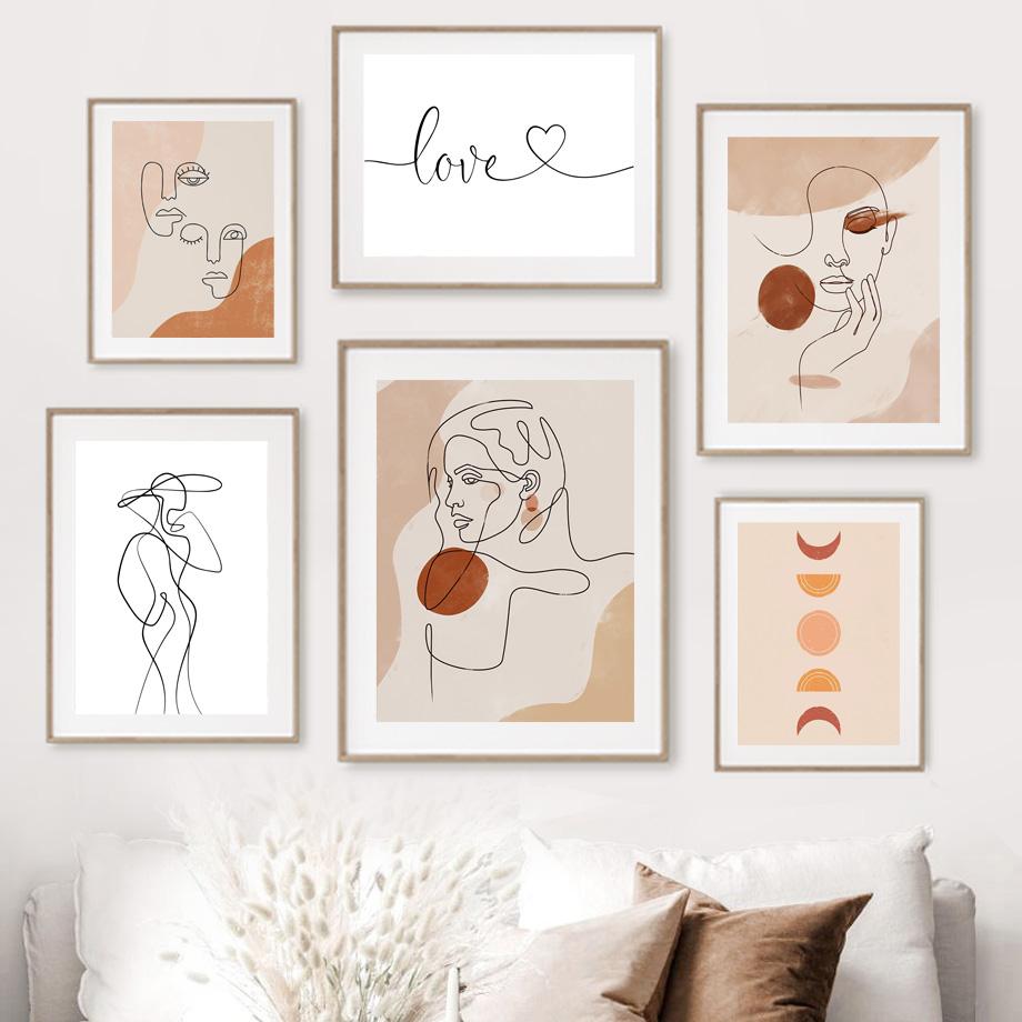 Богемная мода Женщина Растение Пара Абстрактные линии Скандинавские постеры Печать Настенная живопись Холст Картина Гостиная Домашний декор