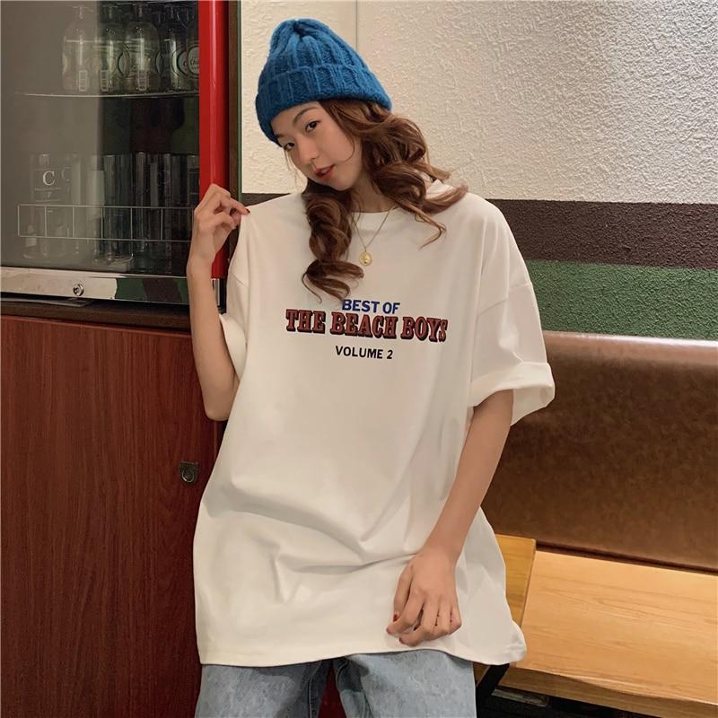 Повседневные свободные модные базовые универсальные футболки с буквенным принтом в стиле оверсайз, студенческие уличные женские футболки с короткими рукавами