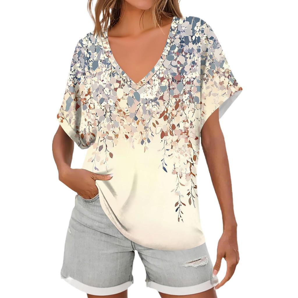 Womens Short Sleeve V-Neck Shirts Floral Print Loose Casual Basic Tees Summer Tops