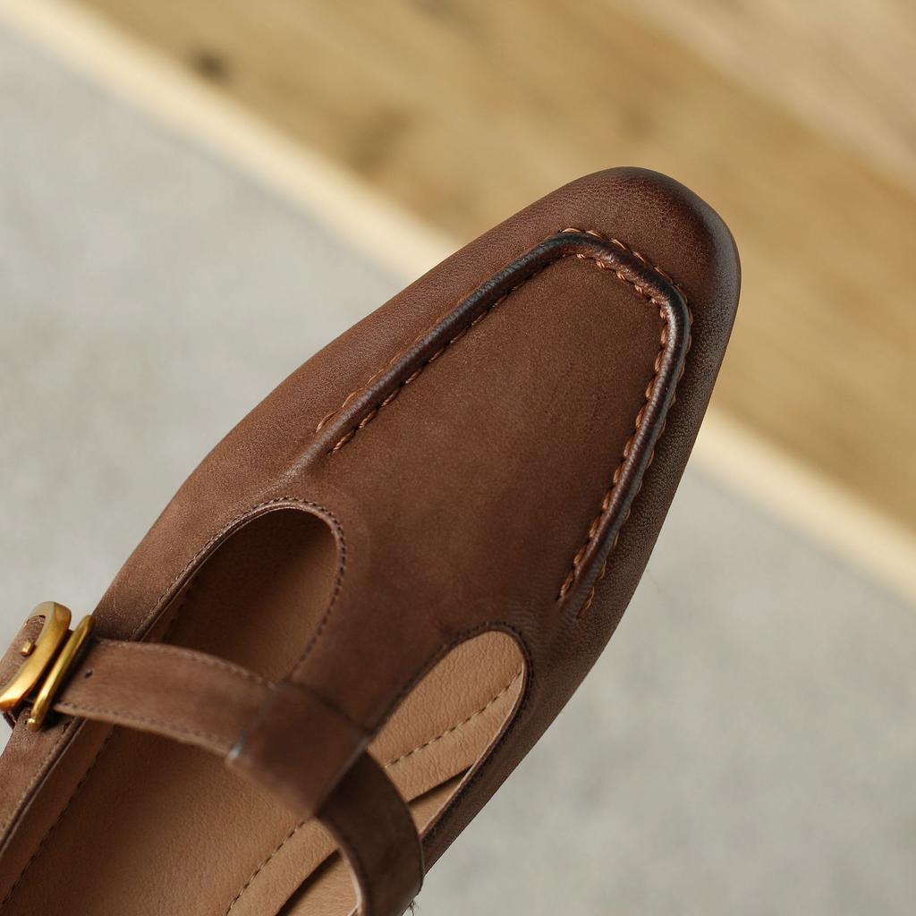 Krazing Pot Sheep Suede Square Toe Chunky Med Heels Summer Shoes Buckle Straps Women Pumps