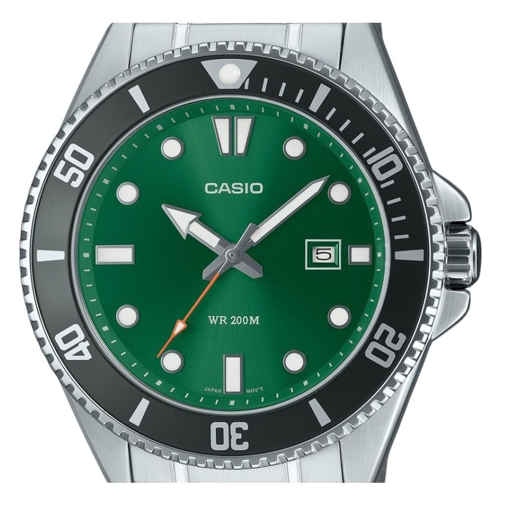 Casio Стандартные аналоговые кварцевые часы MDV-107D-3A2V 200M из нержавеющей стали с зеленым циферблатом для мужчин