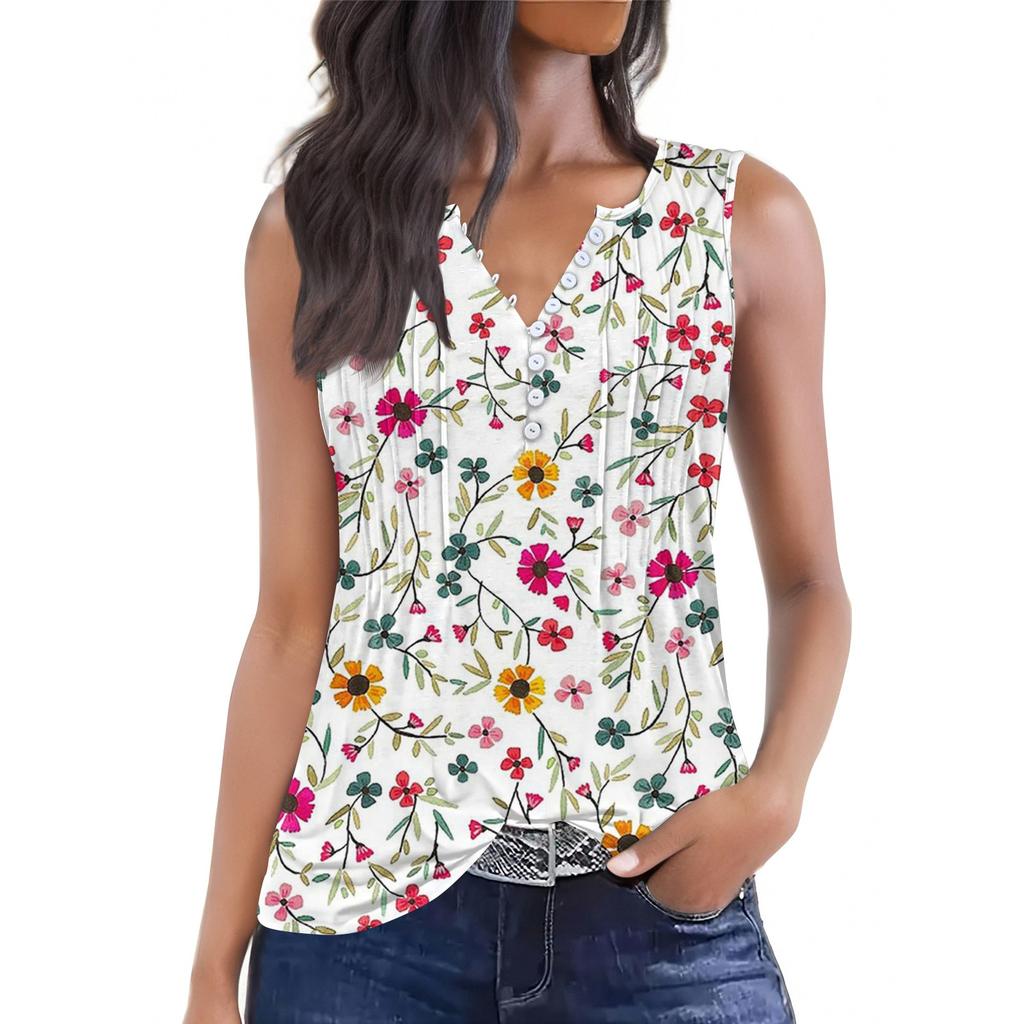 Женская повседневная свободная плиссированная рубашка с цветами и растениями, футболка с V-образным вырезом и застежкой на пуговицы, безрукавка, топ