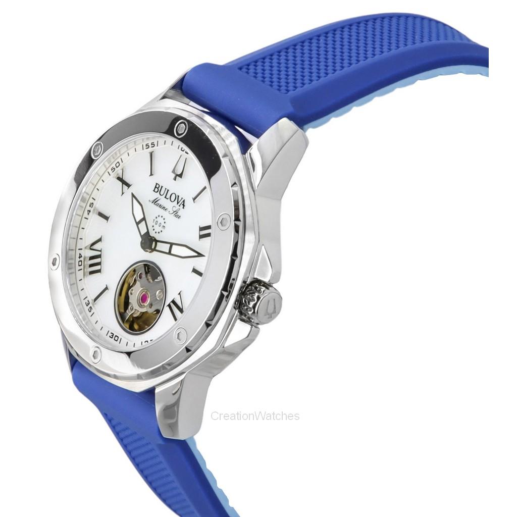 BULOVA Часы женские Marine Star с силиконовым ремешком и перламутровым циферблатом, автоматические 96L324, 100 м