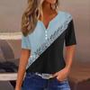 Футболки для женщин, плиссированные, с V-образным вырезом, нарядные, повседневные блузки с принтом, короткие рукава, летние топы, свободный крой