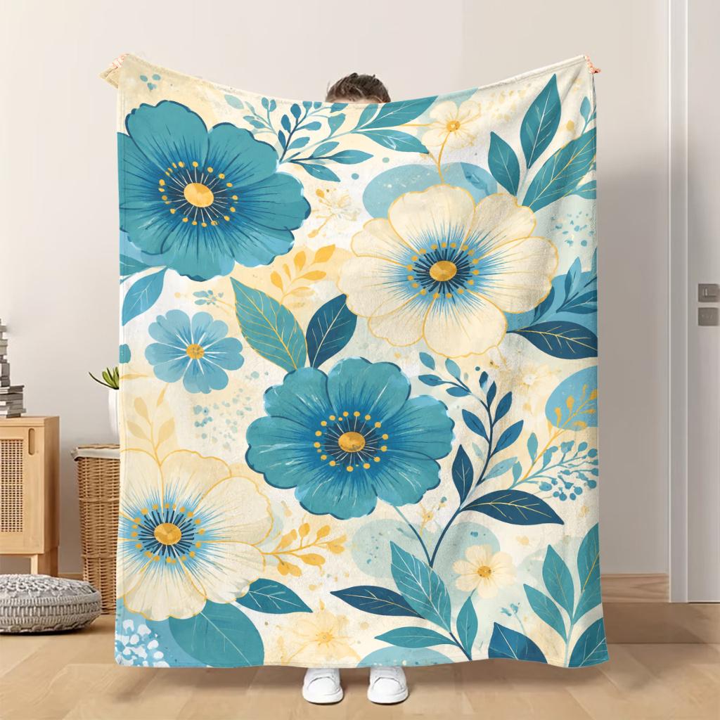 1pc Flannel Blanket Beautiful Blue Flowers Pattern Soft Comfortable And Warm This Nap Blanket/Sofa Blanket Is Suitable for All Sea