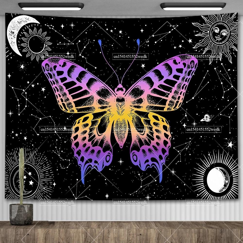 Гобелен со скелетом и бабочкой, черно-белый череп, грибной гобелен, хиппи, эстетический декор комнаты, настенные фоновые полотна