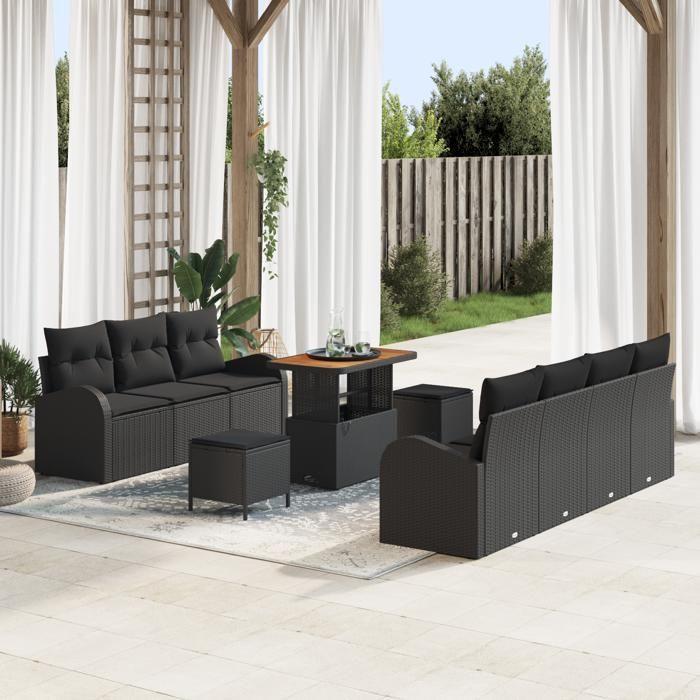 Ensemble de canapés de jardin 10 pièces avec coussins Noir Poly rotin Acacia, Canapé de jardin 2 places avec rangement 3364309