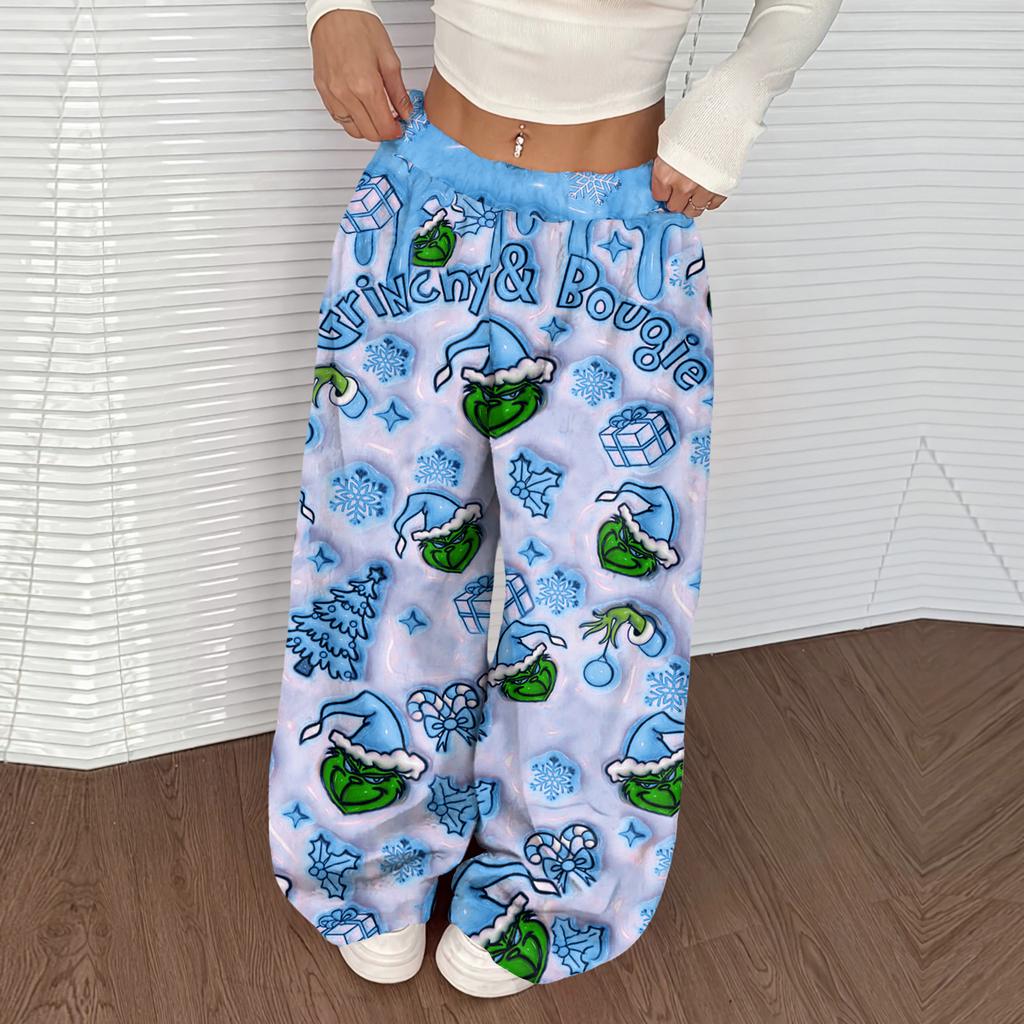 Женские повседневные брюки с рождественским принтом, эластичной талией, свободного кроя, с плюшем, широкие