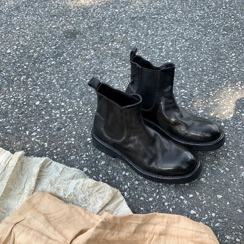 [] Wang Fried Grade~ Washed Shrinking Horse Leather Folded Cigarette Elastic Chelsea Boots Women's Short Boots