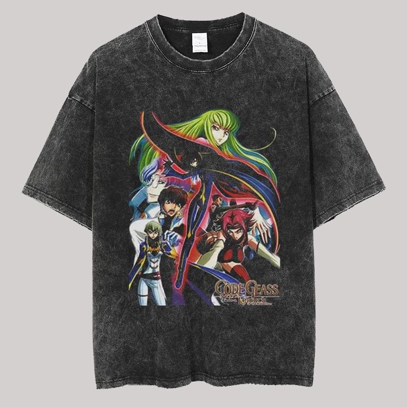 Винтажные стираные мужские футболки с принтом аниме Code Geass Повседневная мужская одежда Женская футболка