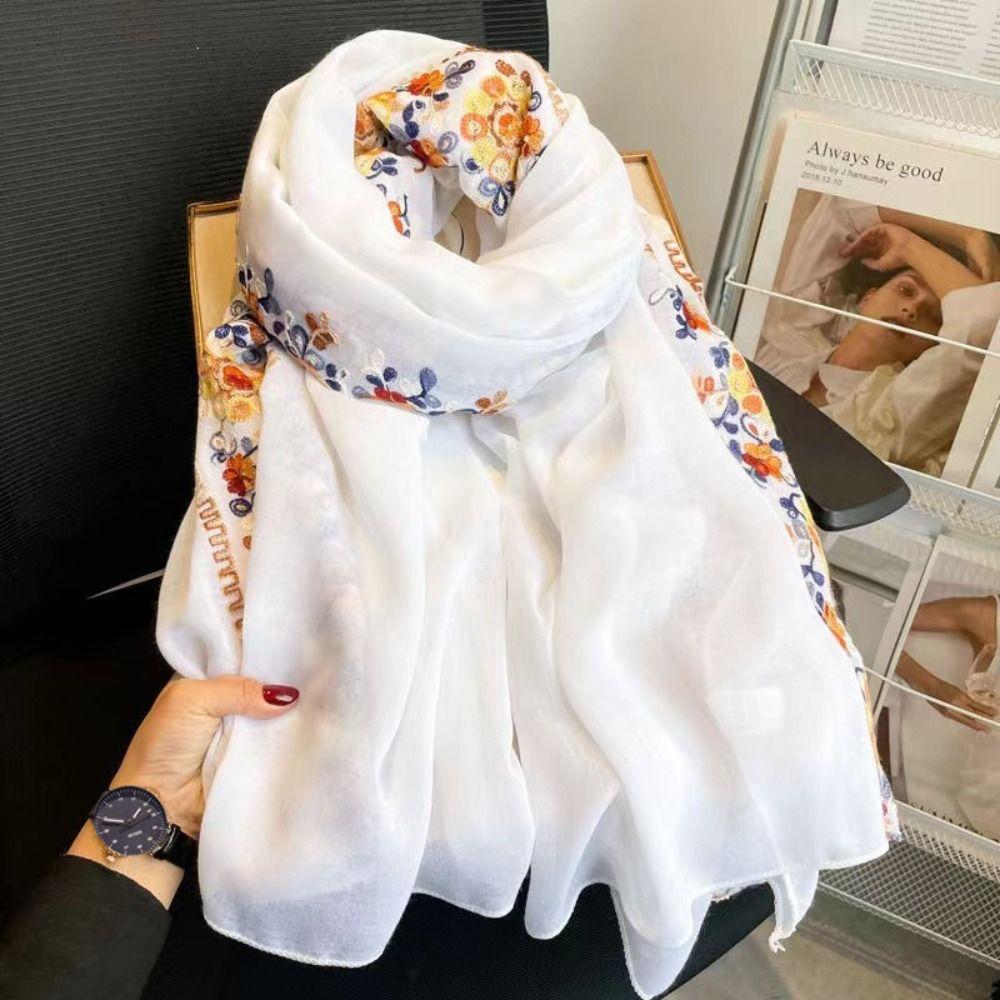 Flower Embroidery Summer Hijab Sun Protection Shawls and Wraps Ethnic Style Women Beach Scarf