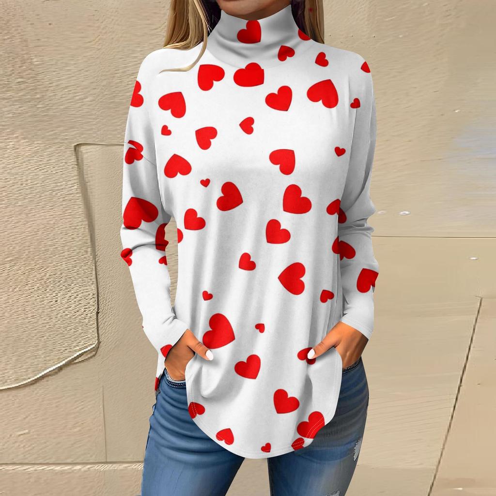 Футболки для женщин, осенние повседневные рубашки с длинным рукавом, толстовка с принтом, топ с высоким воротом, пуловер