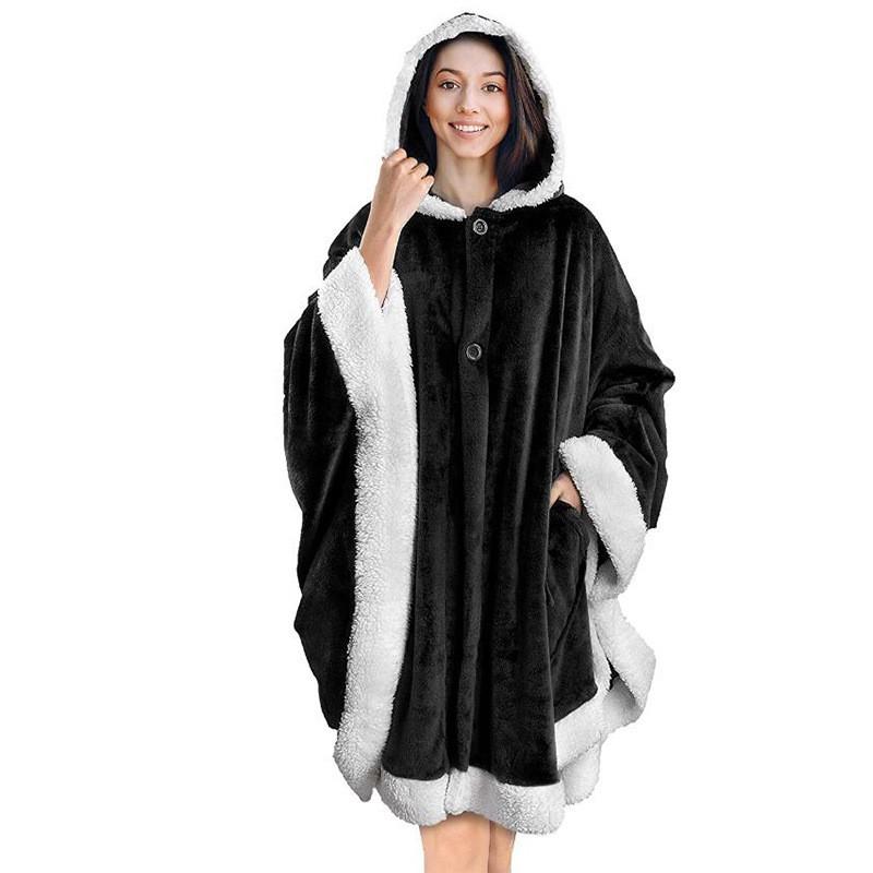 Womens White Hooded Velvet Blanket Cloak Soft Plush Lounge Cape With Pockets