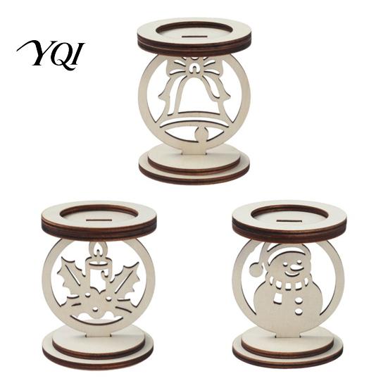 Christmas Table Centerpiece Decoration 3Pcs Wooden Candle Holder, Detachable Tealight Stand with Hollow Small Display Carved Snowman/Bell/Candle