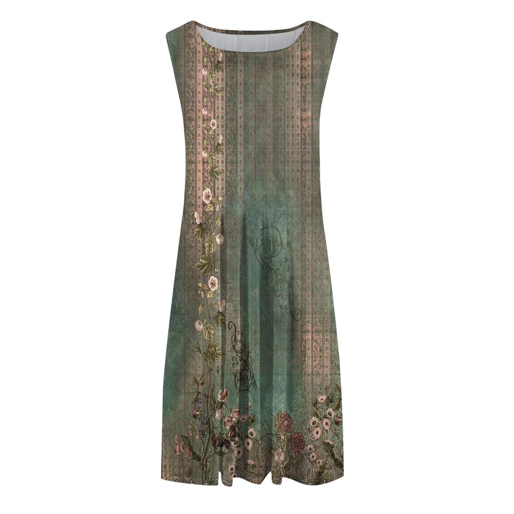 Женское модное повседневное платье-пуловер с круглым вырезом без рукавов и принтом средней длины