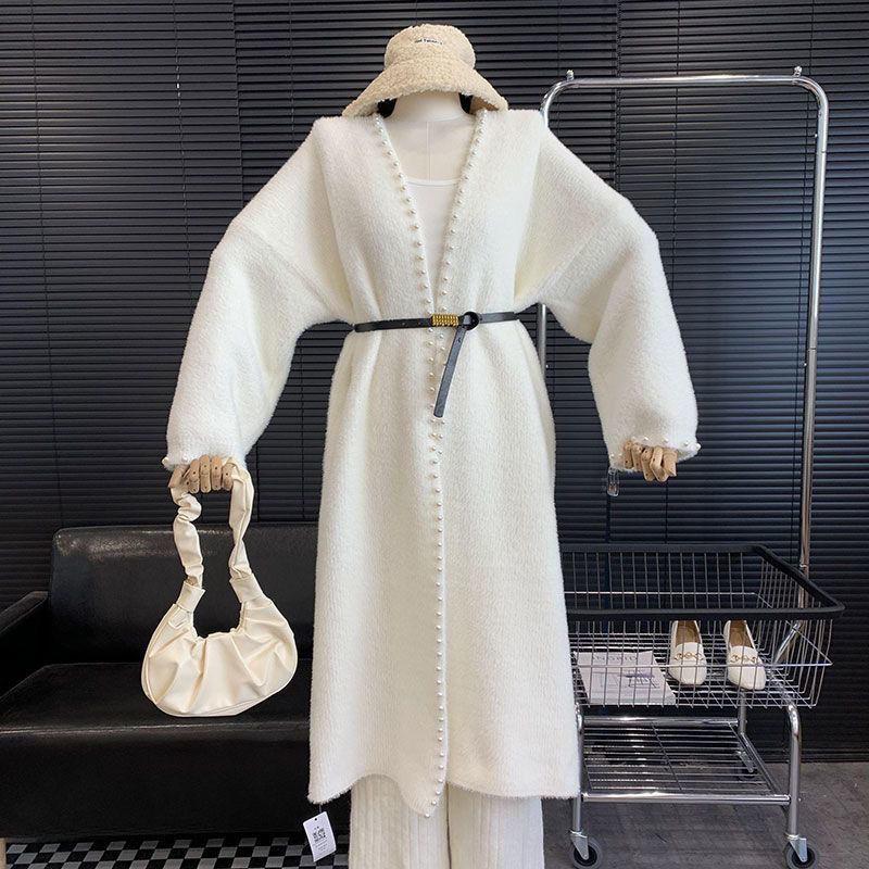 Women's Mink Fleece Cardigan Jacket Autumn and Winter Midi Beaded Knitted Cardigan Loose Casual Over-the-knee Knitted Sweater Coat