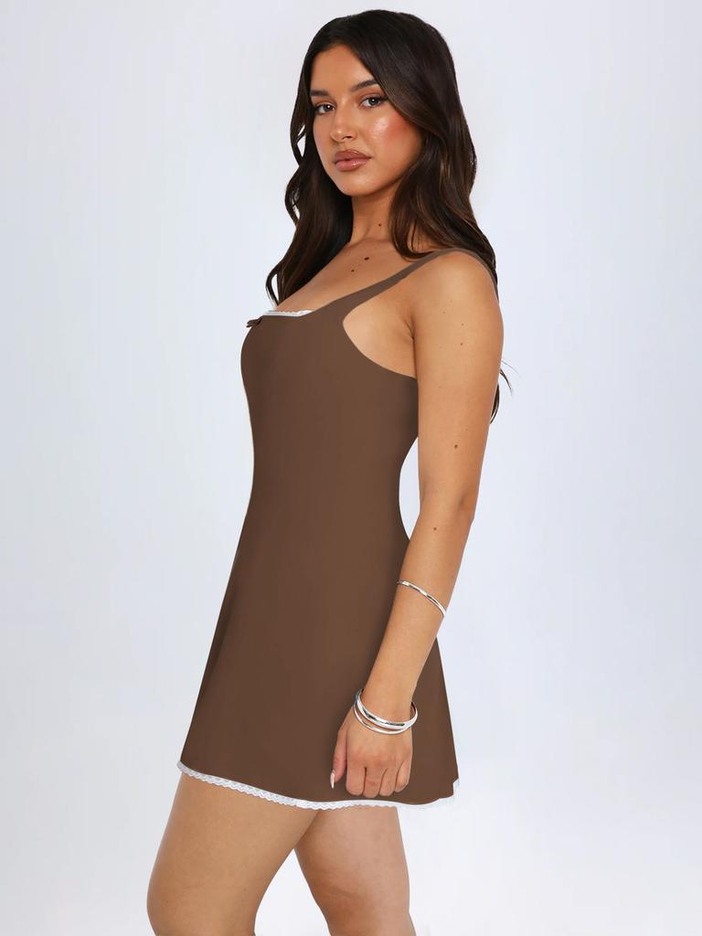 French Style Lace Trim Color Block Dress With Knit Fabric For Elegant Evening Wear
