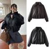 Fall Winter Faux Leather Jacket for Women Oversized Streetwear Cotton Padded Parkas Short Bomber Coat Warm