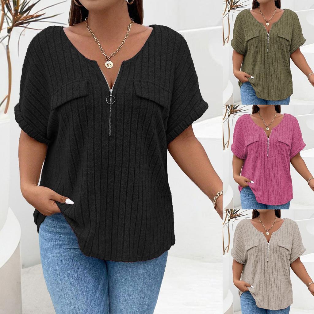 Women's Loose Solid Color Large Size Zipper Short Sleeve Fake Pocket Pullover T-shirt Top