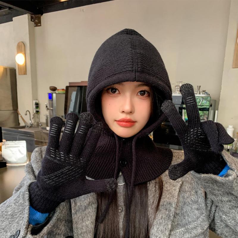 Winter Outdoor Warmer Balaclava Hats Women Girls Knitted Hooded Hats Scarf and Gloves Set Drawstring One-piece Neck Collar Beanies Caps