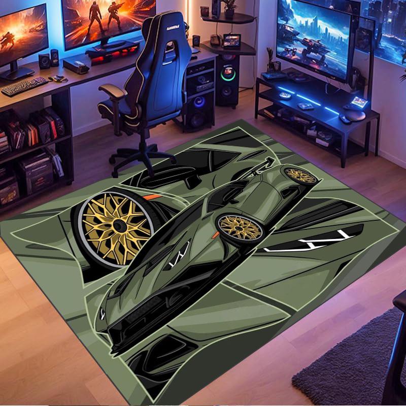Olive Green Supercar Gold Wheel Split‑Frame Comic Print Area Rug Non‑Slip Rectangular Floor Mat Auto Fan Decor for Gaming Bedroom Living Room