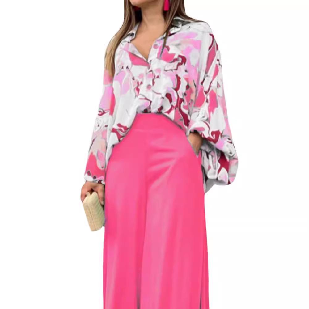 2024 Women's Plus Size Fashion: Lapel Shirt & High-Waist Wide-Leg Pants Set