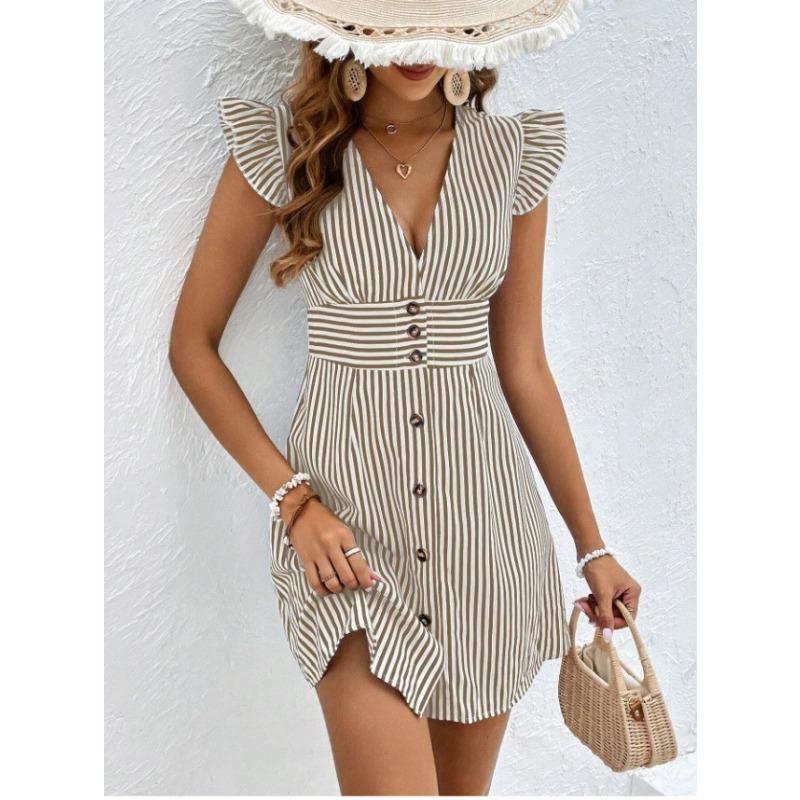 Женское платье с V-образным вырезом и полосатой талией, платье-рубашка, лето-осень