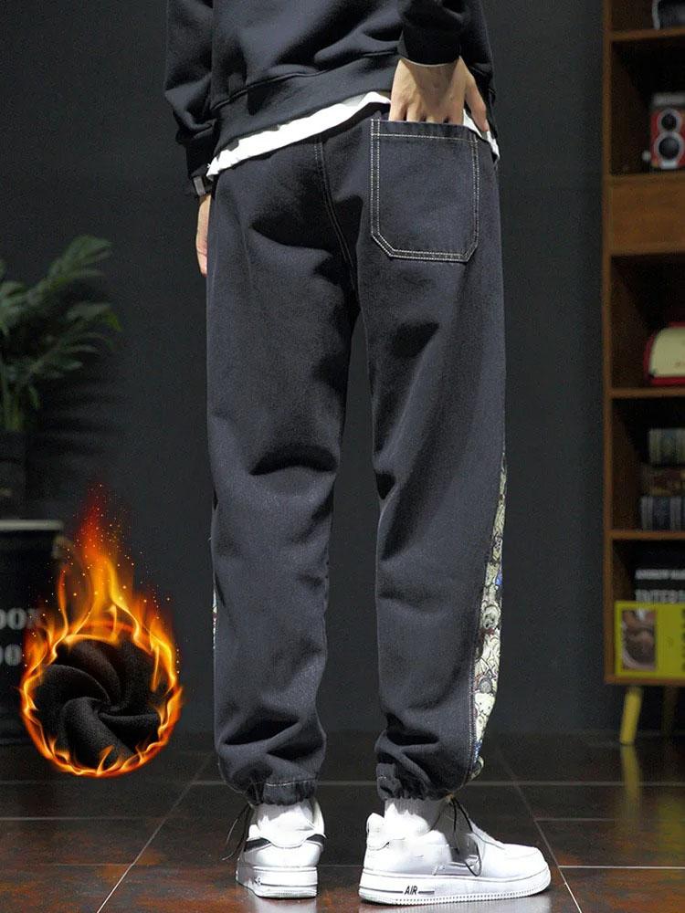 Зимние толстые флисовые теплые свободные шаровары джинсы мужские с высокой талией повседневные уличные мужские синие джинсовые брюки больших размеров