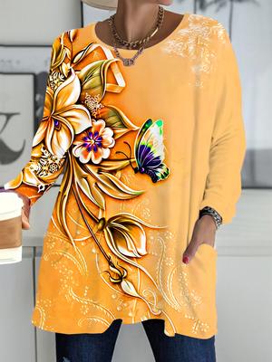 Осень-Зима 2025 Новые Женские Топы Большого Размера, Модные Футболки с 3D-принтом цветов, с Круглым Вырезом и Длинным Рукавом