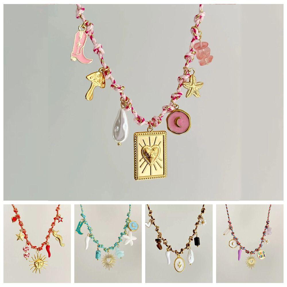 Pearl Accent DIY Knotting Rope Chain Copper Gold-Plated Necklace Turtle Pendant Necklace  Summer