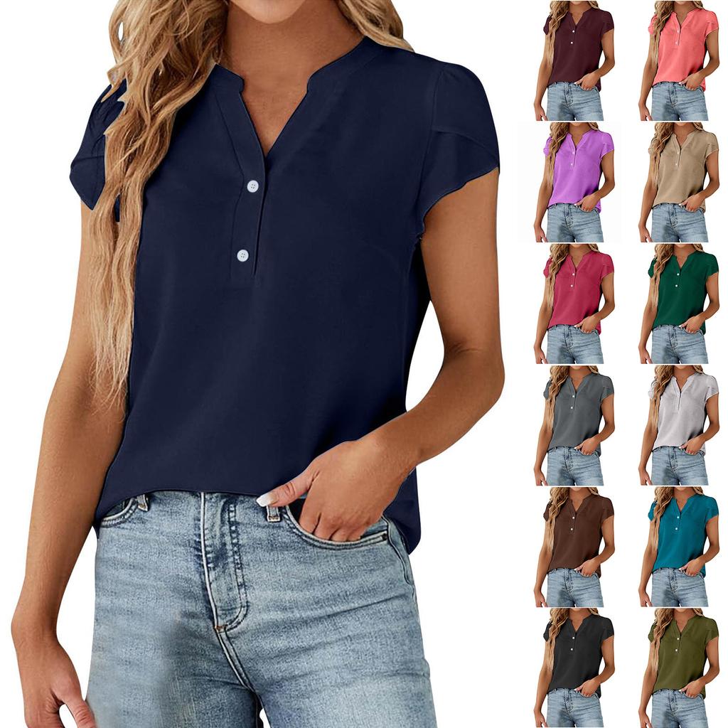 Женская модная повседневная винтажная футболка с v-образным вырезом и короткими рукавами, декоративная пуговица, топ
