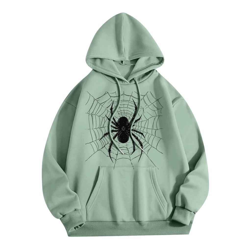 Women's Fashion Lightweight Long Sleeve Pullover With Pockets Spider Print Hoodie