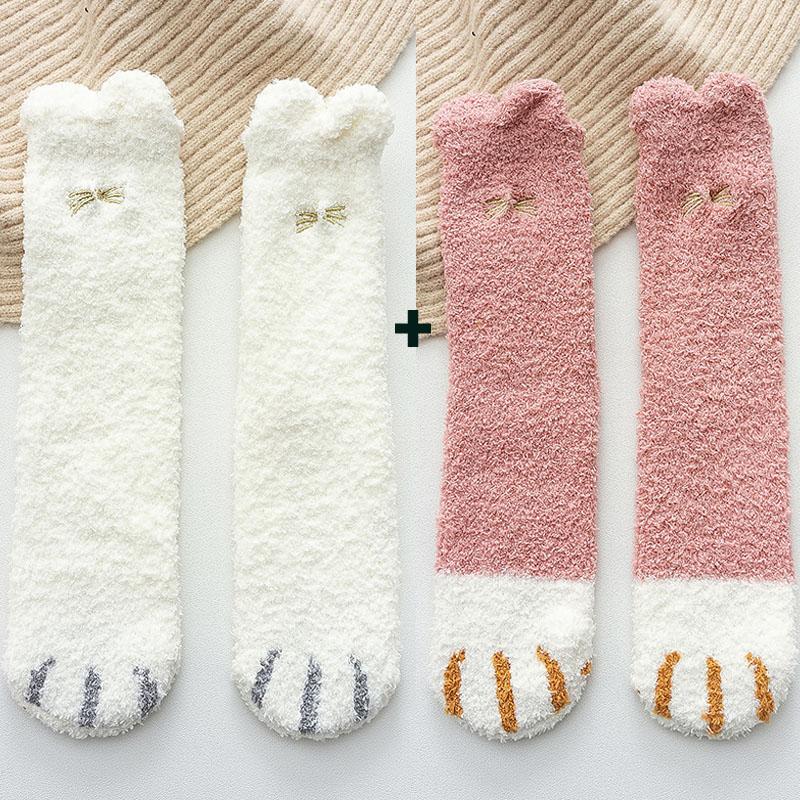 2 пары/лот флисовые тапочки коралловые осенне-зимние носки милые женские носки с принтом кошачьих лапок и животных