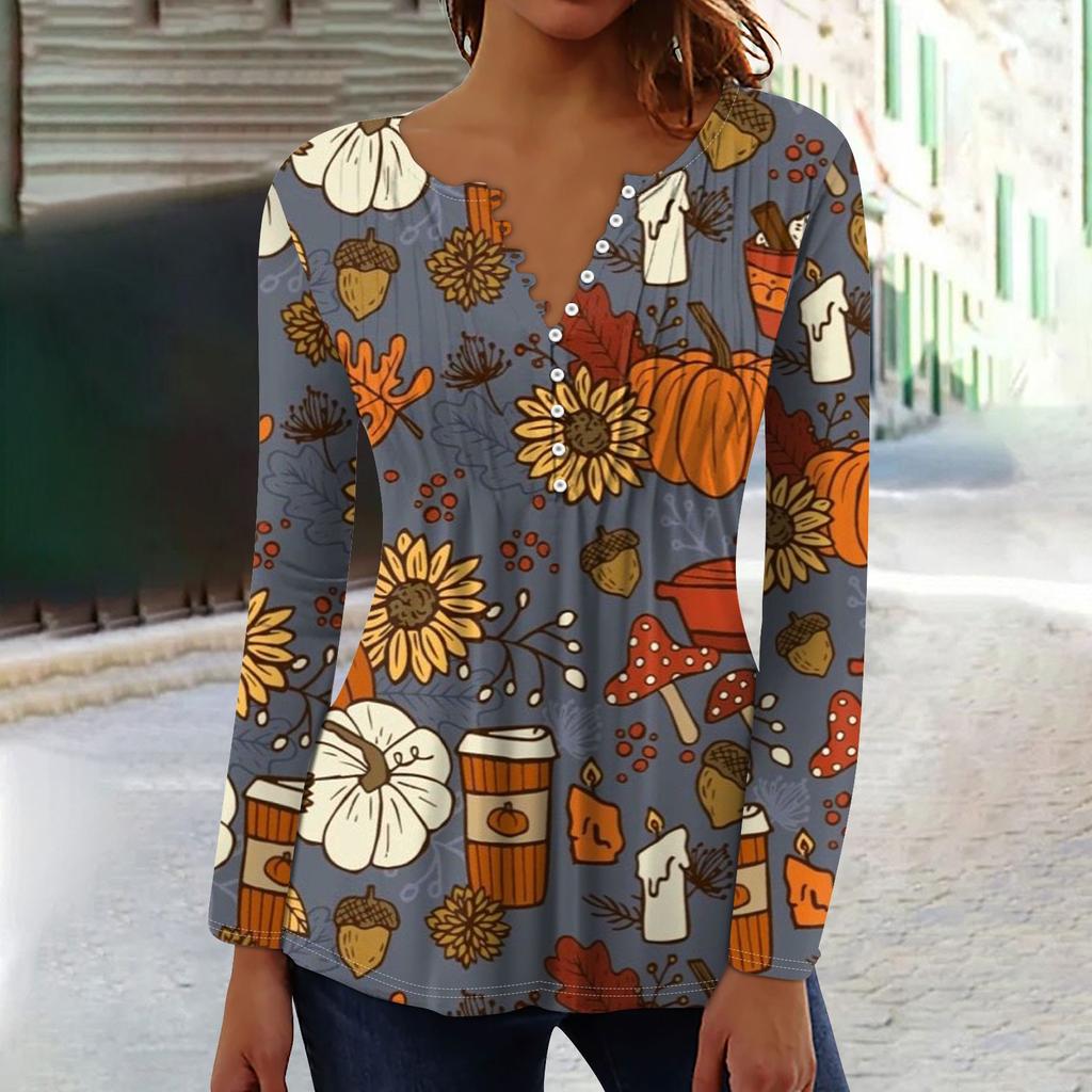 Женский топ с длинными рукавами и плиссированным воротником на пуговицах с принтом Хэллоуина, весна-осень