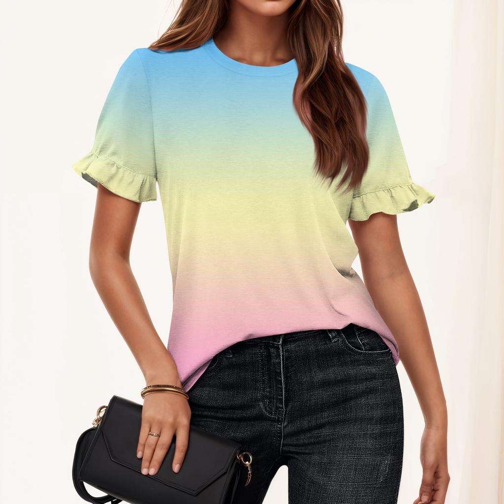 Женская летняя футболка с коротким рукавом и рюшами с принтом и круглым вырезом