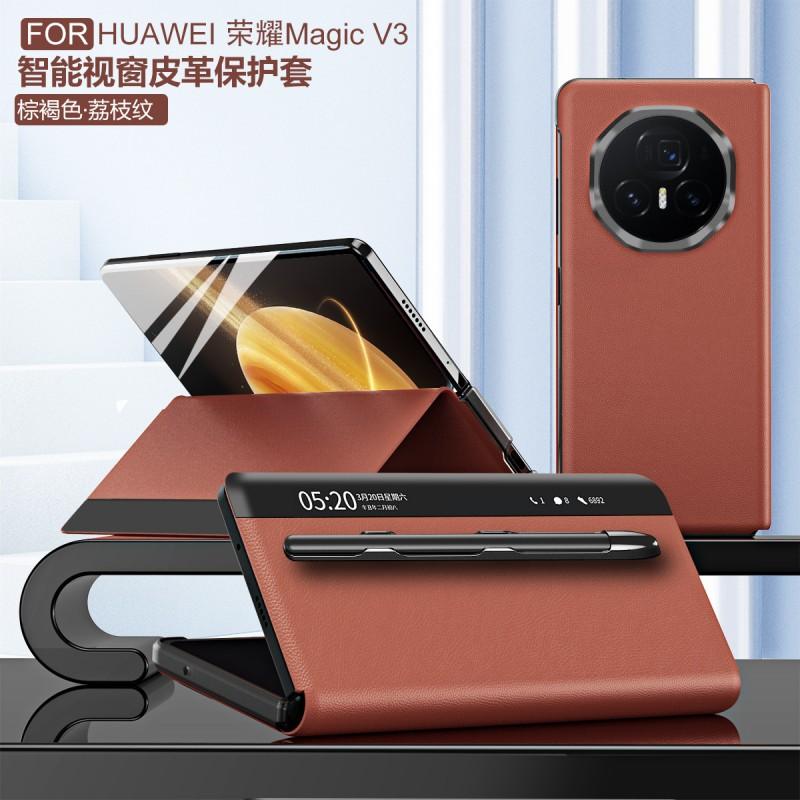 Slim Leather Case With Smart View Window Honor Magic V3 Foldable Phone Shockproof Stand Cover In Multiple Colors