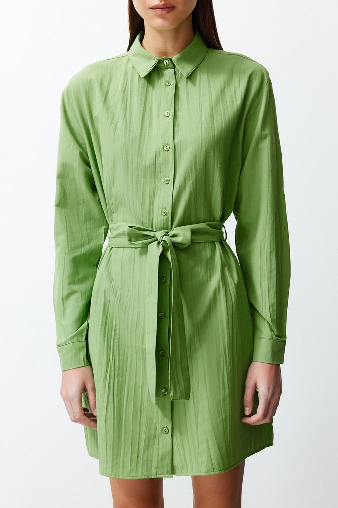 Women's Fashion New Dress Green Belted Fabric Textured Mini Woven Shirt Dress