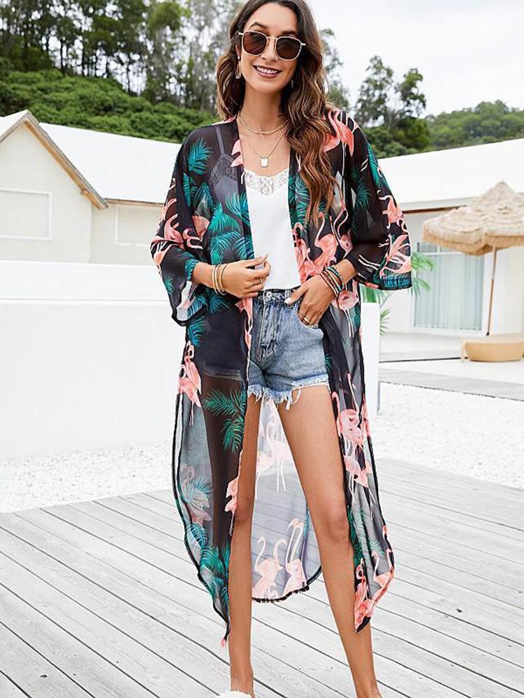 EDOLYNSA Зеленые фламинго в стиле бохо с принтом, шифоновое бикини, накидки, пляжная одежда больших размеров, платье-кимоно, женский летний купальник, накидка