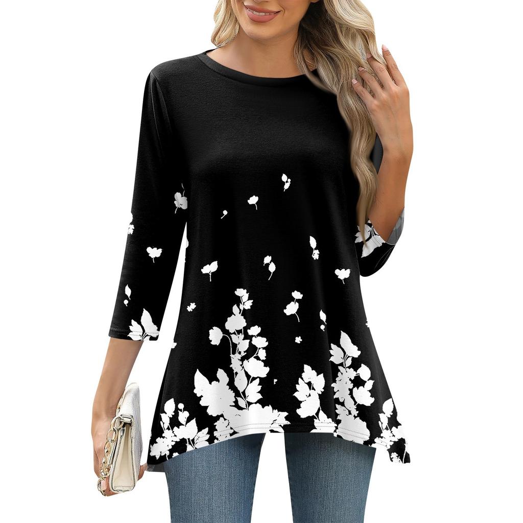 3/4 Sleeve Tunic Tops For Women Printed Daily Weekend Loose Fit Fashion Basic Round Neck T Shirt