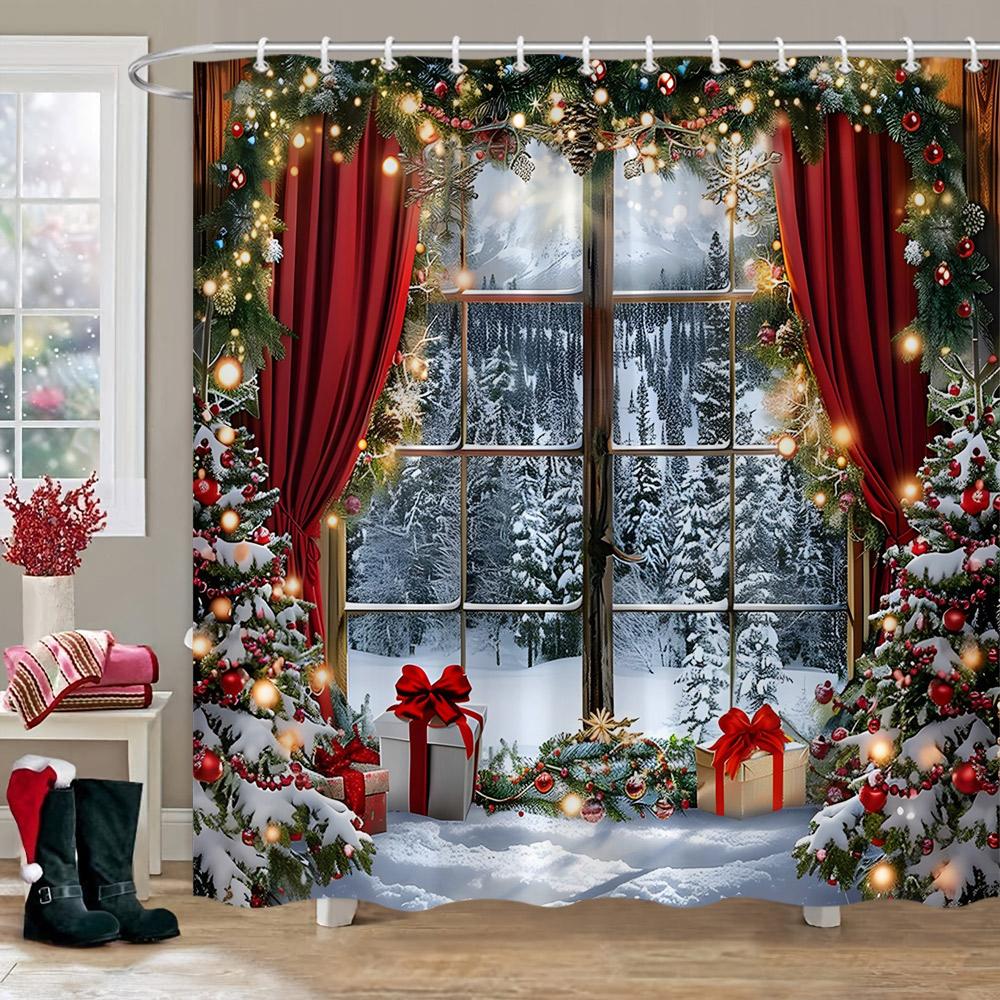 Рождественские украшения Душевая занавеска Зимняя снежная сцена Рождественская елка Рождественские подарки Полиэстер Душевая занавеска Декор для ванной комнаты