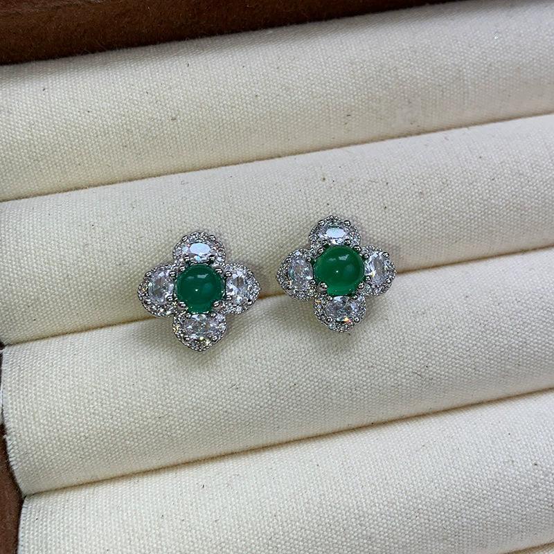 Emerald earrings women's sterling silver needle egg surface jadeite flower earrings niche high-grade four-leaf clover earrings national style
