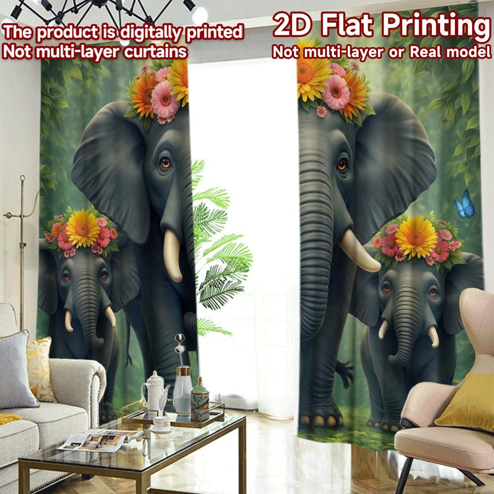 2D FLAT PRINTING 2pcs Curtains (Without Rod) Elephants with Flower Crowns Pattern Modern Curtains Polyester Easy Install