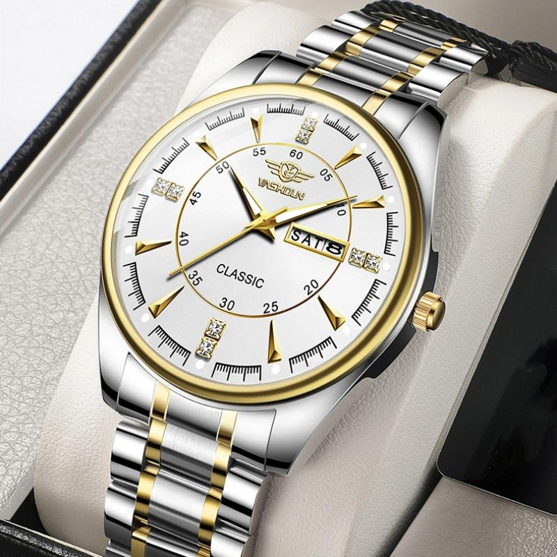 Fashionable Men's Quartz Watch Stainless Steel Timer Waterproof Night Light Dual Calendar Men's Quartz Watch