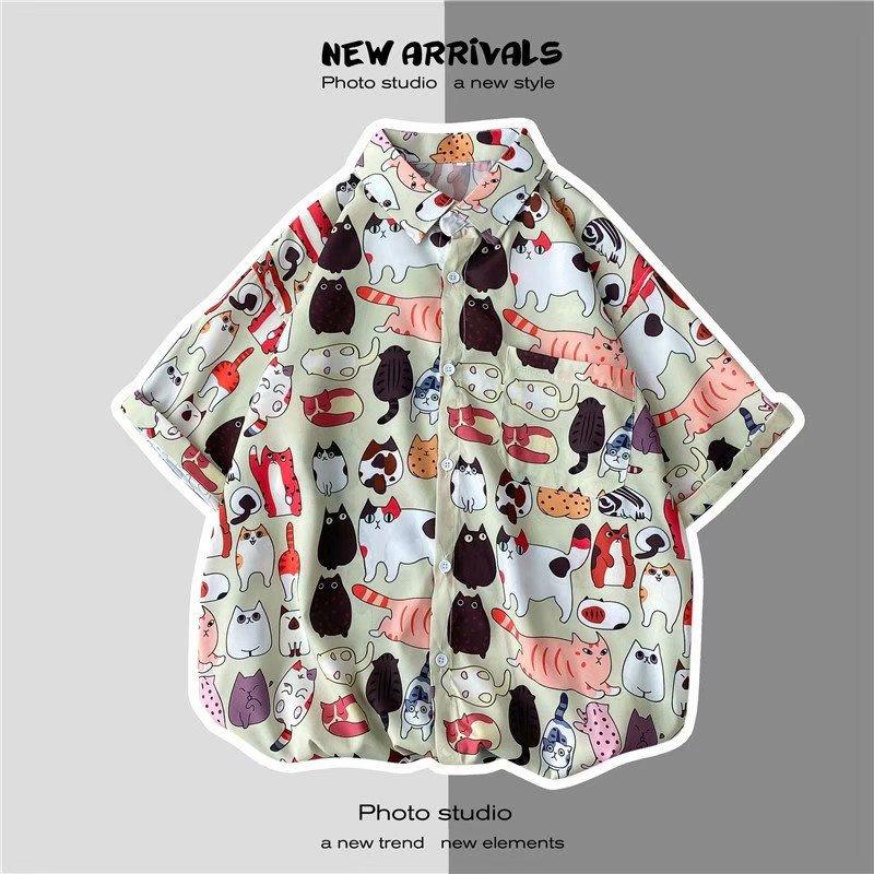 Retro Floral Shirt Blouse for Man Hawaiian Short-sleeved Floral Shirt Men's Loose Trend Couple All-match Five-point Sleeves