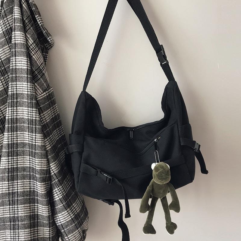 Холщовая сумка Harajuku, темная сумка для работы в отделе, однотонная женская сумка через плечо, большая вместительная функциональная сумка, прилив