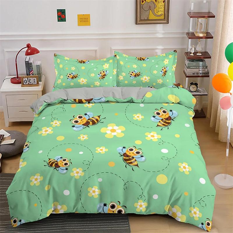 Cartoon Bee Duvet Cover Lovely Yellow Flying Animals Theme for Kids Boys Girls Gifts Women Beautiful Flowers Bedroom Decoration