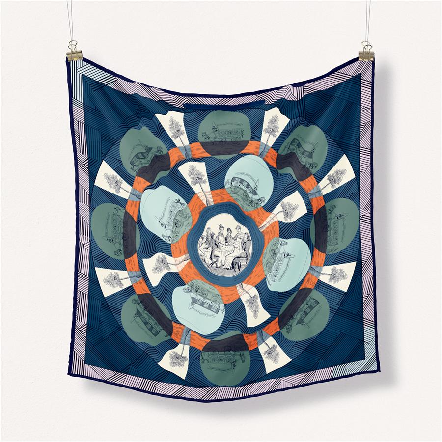 Twill Silk Scarf Woman Circle Painting Square Scarves Wraps Bandana Small Hijab Silk Foulards Tie Headband Neckerchief 53CM