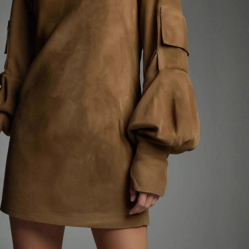 Suede Velvet Mini Dress With High Neck Long Sleeves Pockets Straight Fit Casual Elegant Womens 2025