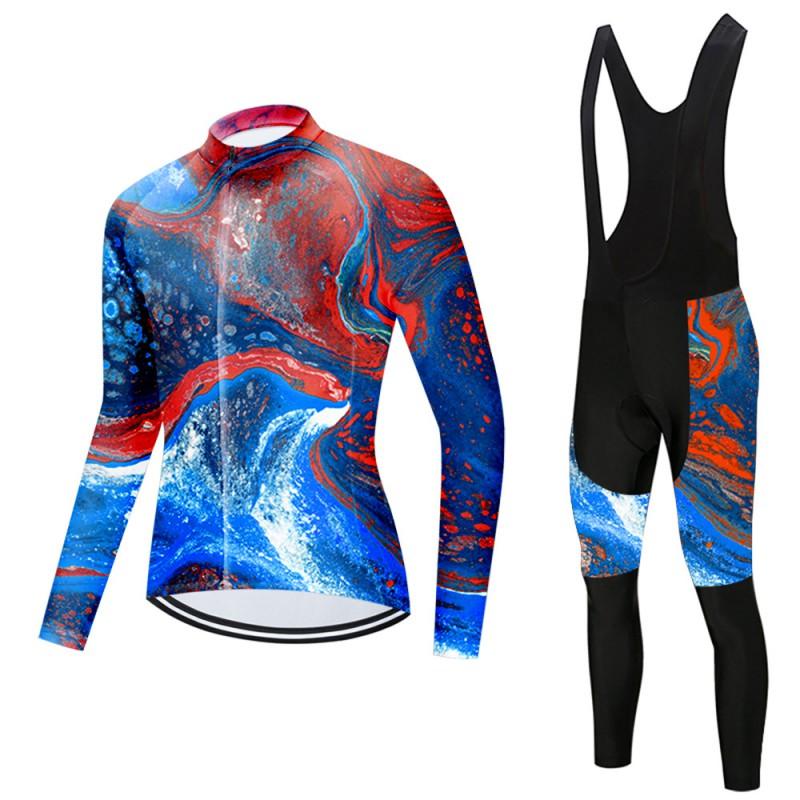 Mens Long Sleeve Cycling Jersey Bib Pants Set Breathable Quick-Dry Road Mountain Bike Riding