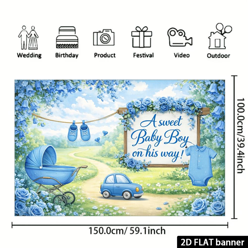 2D planar blue background fabric for baby shower party. Wooden sign with baby carriage theme. Suitable for baby shower party.